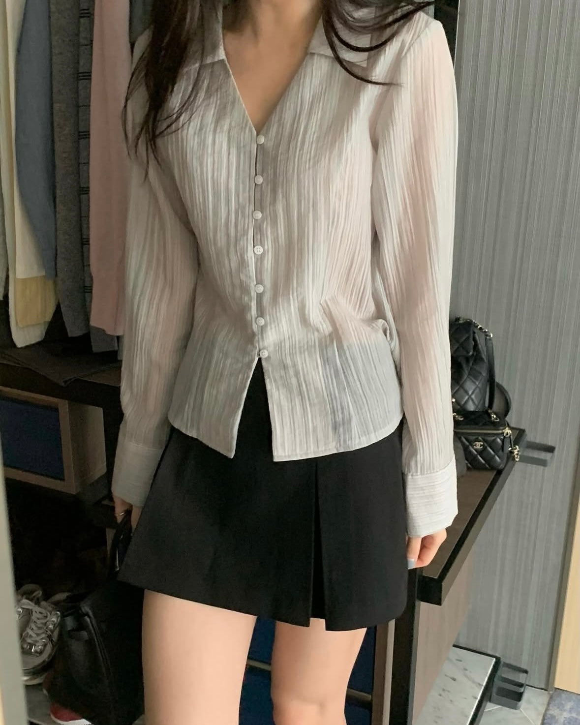 Crinkled Sheer Collar Blouse