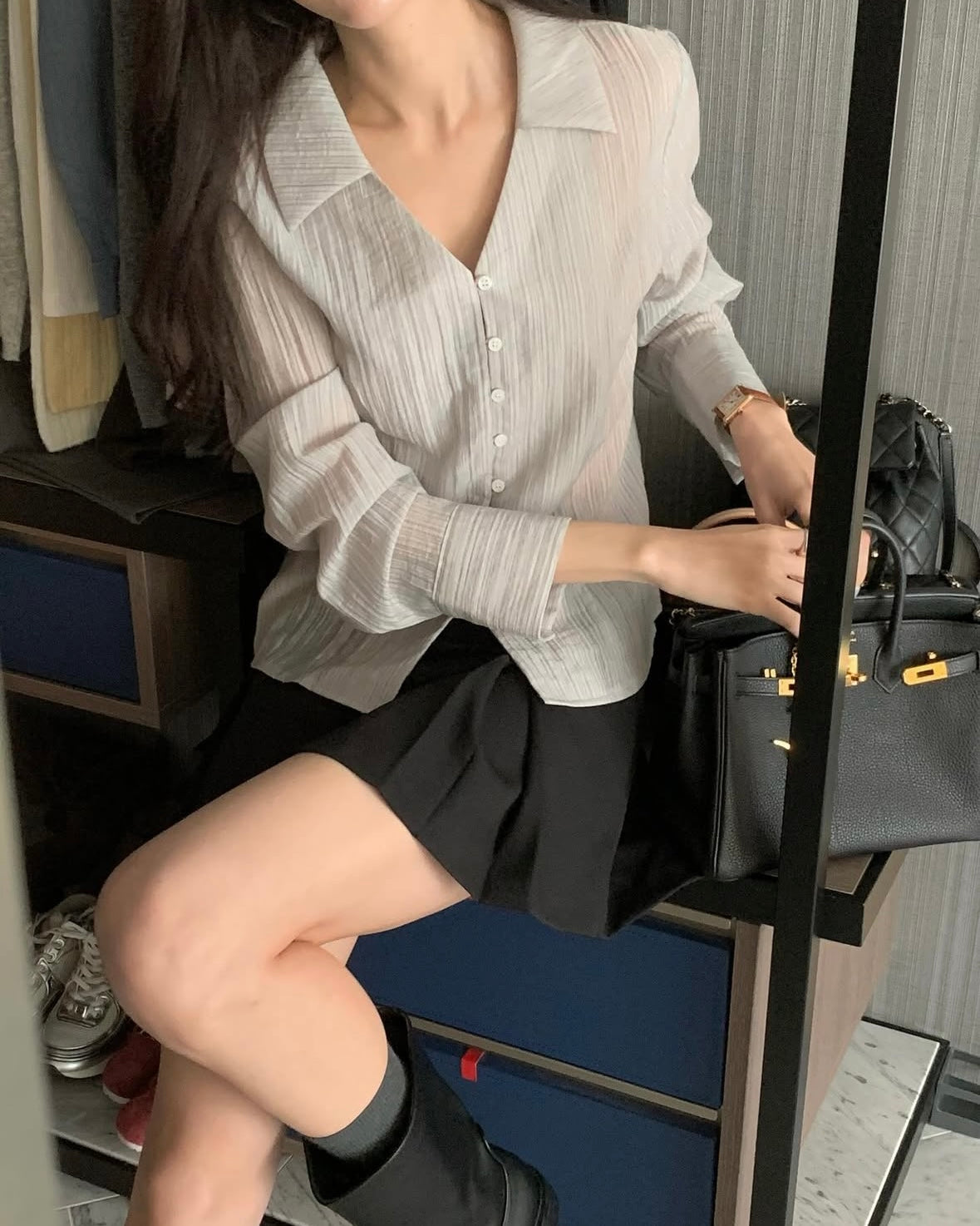 Crinkled Sheer Collar Blouse