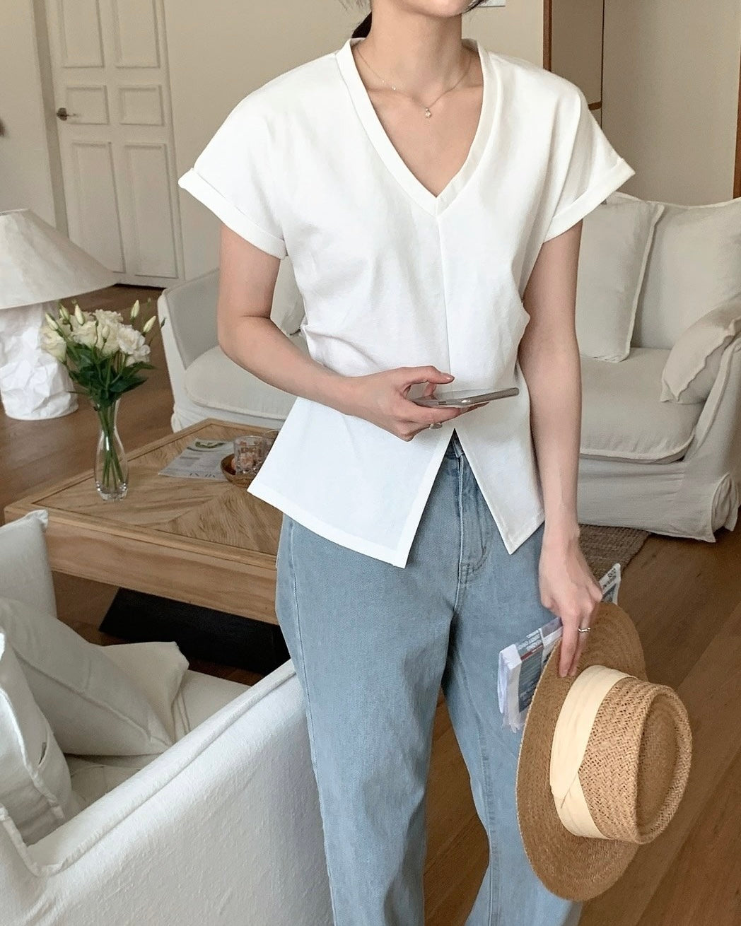 V-Neck Slit Hem Tee
