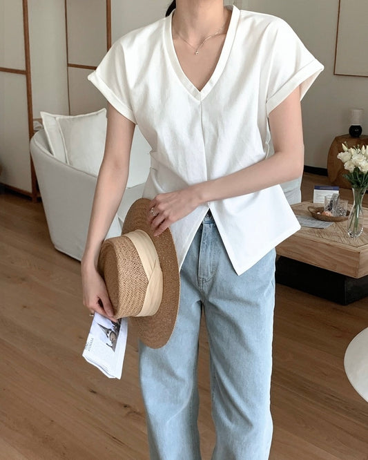 V-Neck Slit Hem Tee