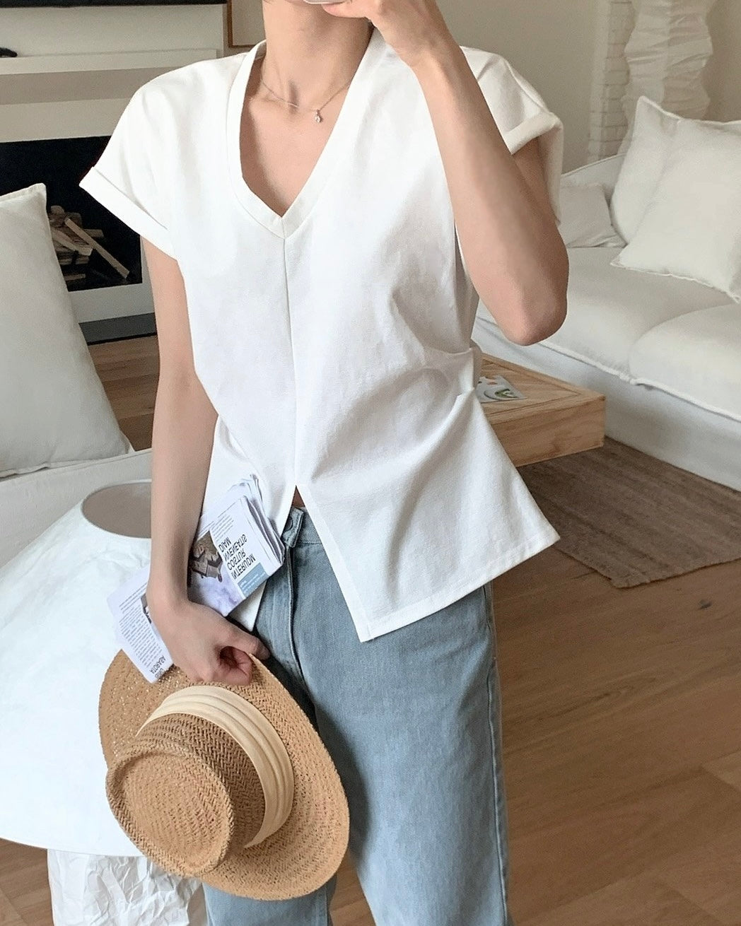 V-Neck Slit Hem Tee