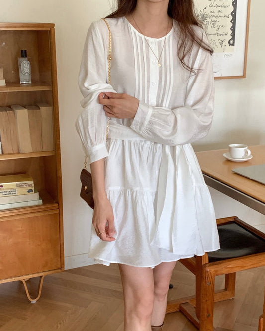 Pintuck Tiered Dress with Sash