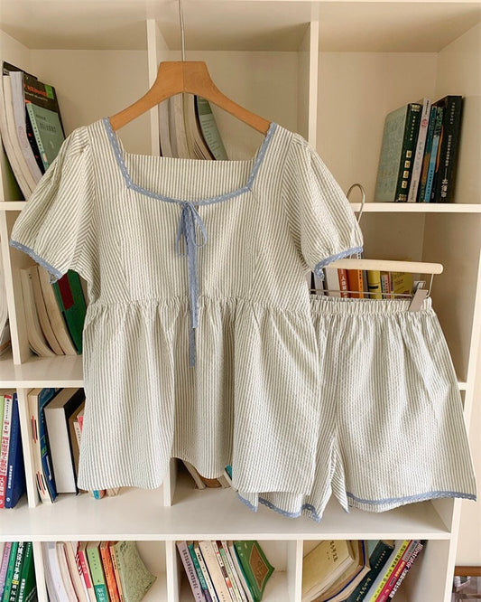 Striped Lace-Trim Pajama Set