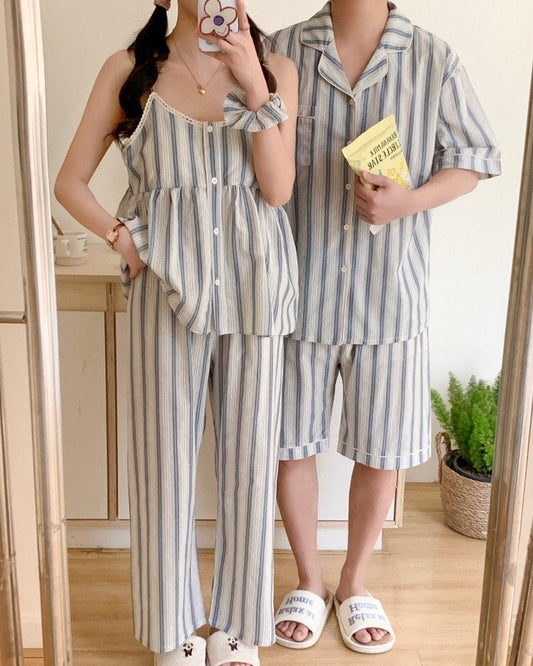 Blue Striped Matching Couple Pajama Set