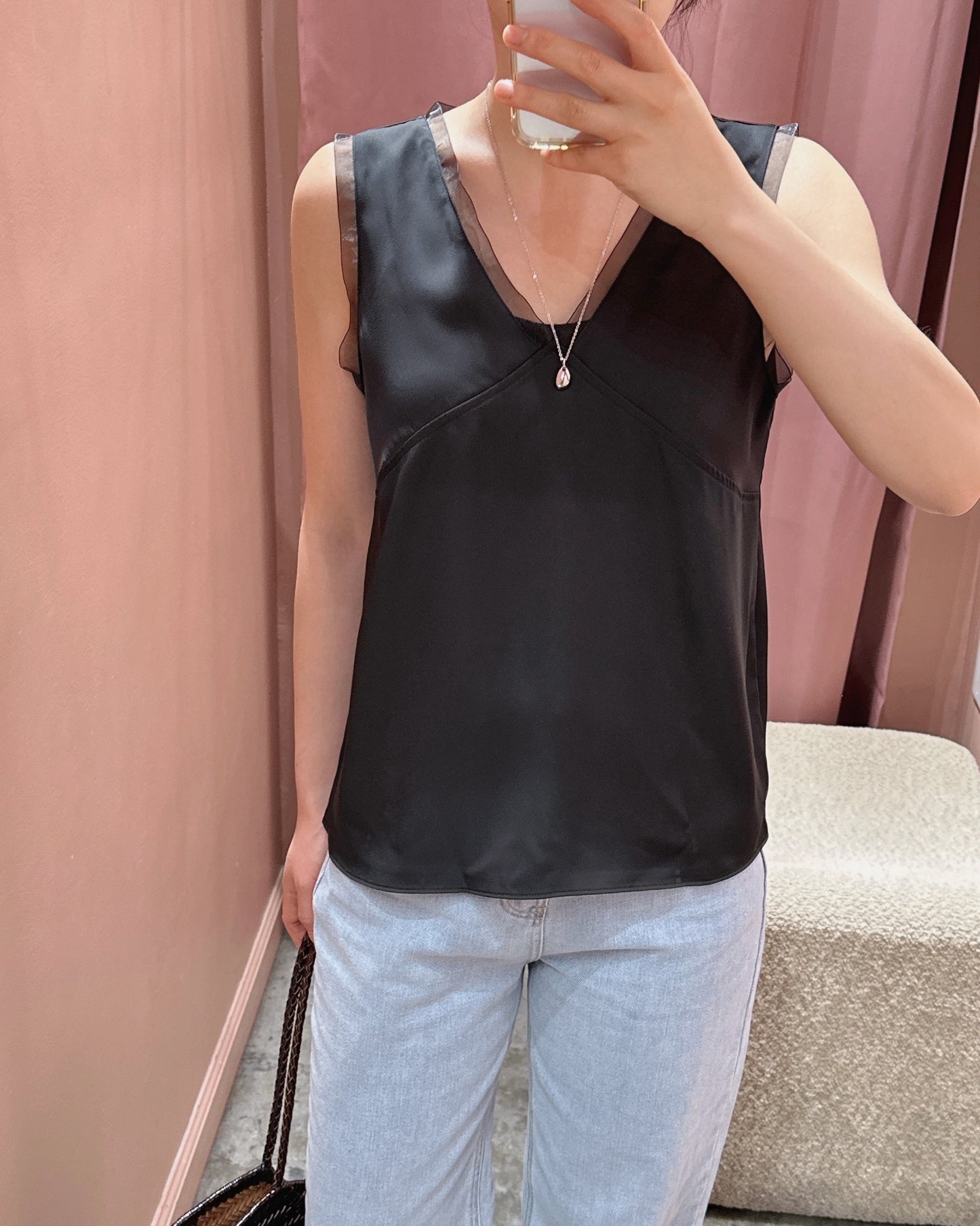 Sheer Trim Satin Top