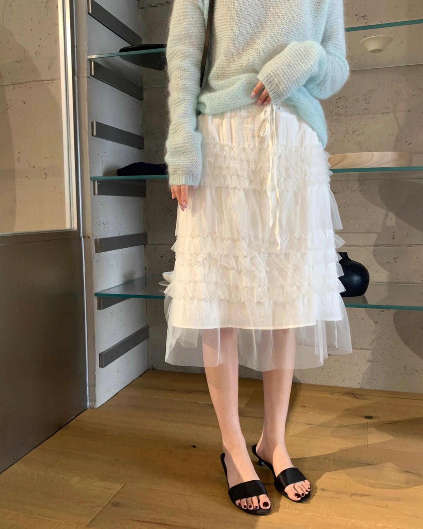 Tiered Mesh Midi Skirt