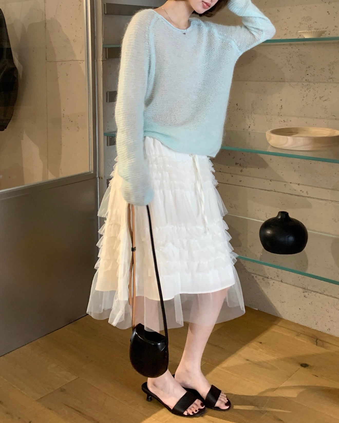 Tiered Mesh Midi Skirt