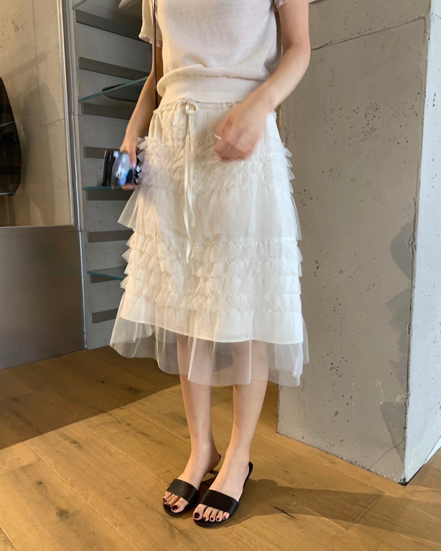 Tiered Mesh Midi Skirt