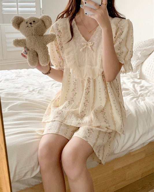 Cream Floral Ruffle Pajama Set