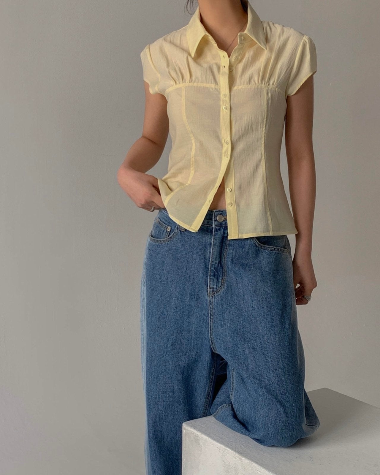 Button-Front Crinkled Blouse
