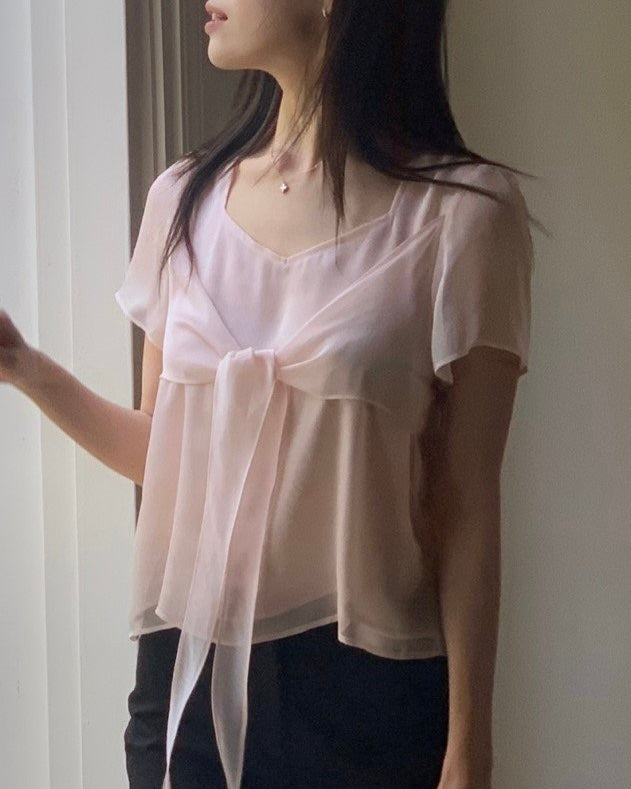 Sheer Front Tie Blouse