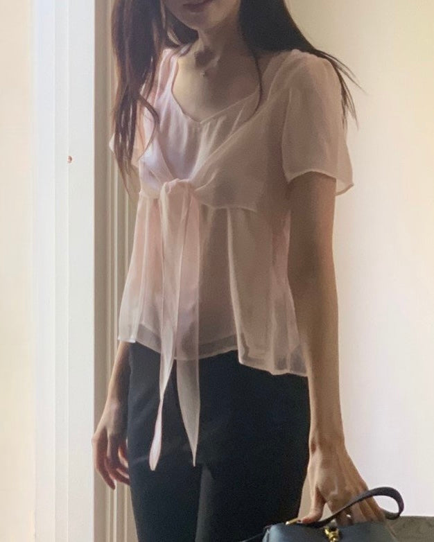 Sheer Front Tie Blouse