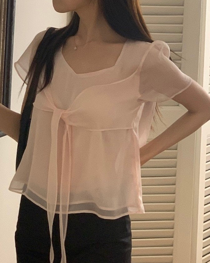 Sheer Front Tie Blouse