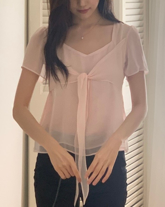 Sheer Front Tie Blouse