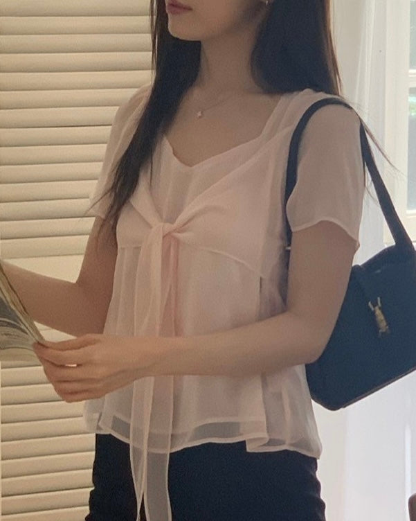 Sheer Front Tie Blouse