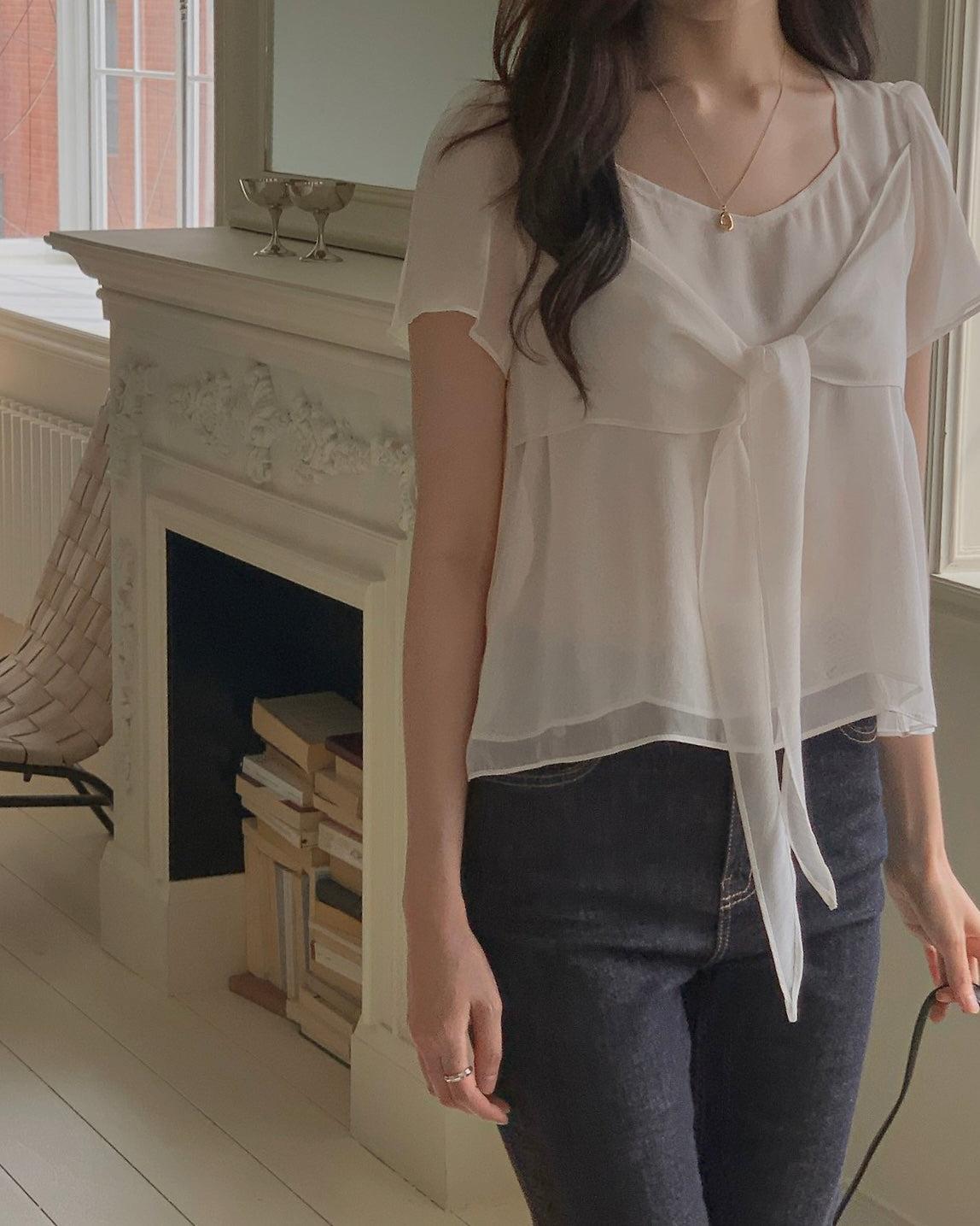 Sheer Front Tie Blouse