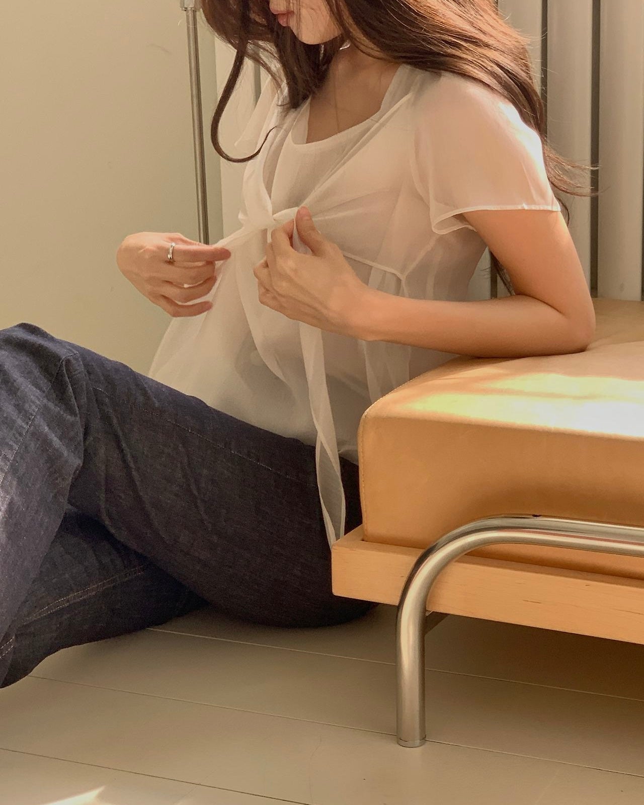 Sheer Front Tie Blouse