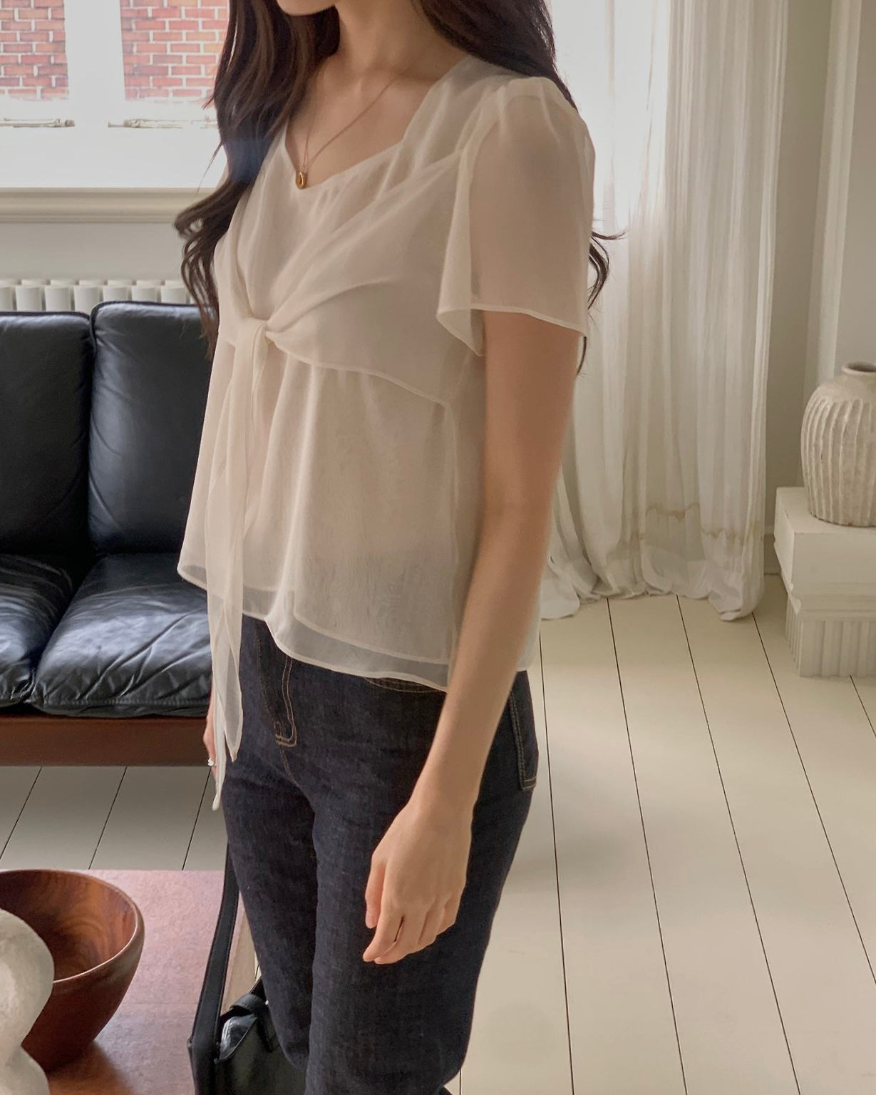 Sheer Front Tie Blouse