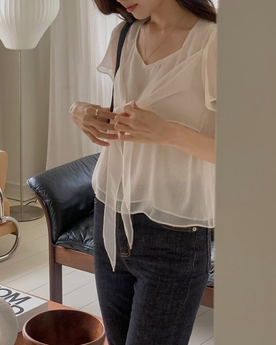 Sheer Front Tie Blouse