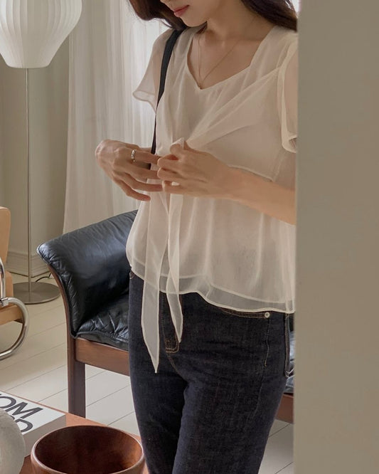 Sheer Front Tie Blouse