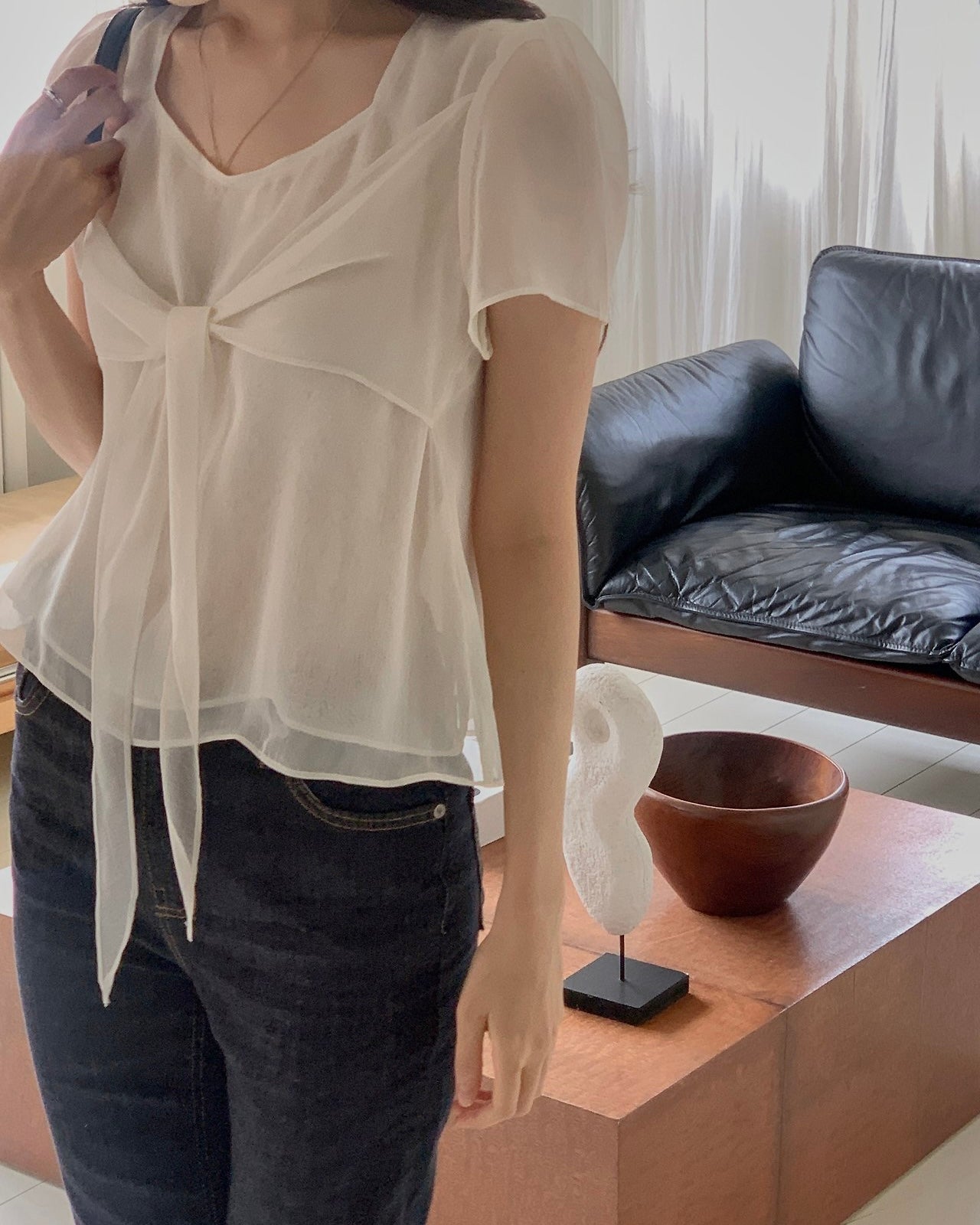 Sheer Front Tie Blouse