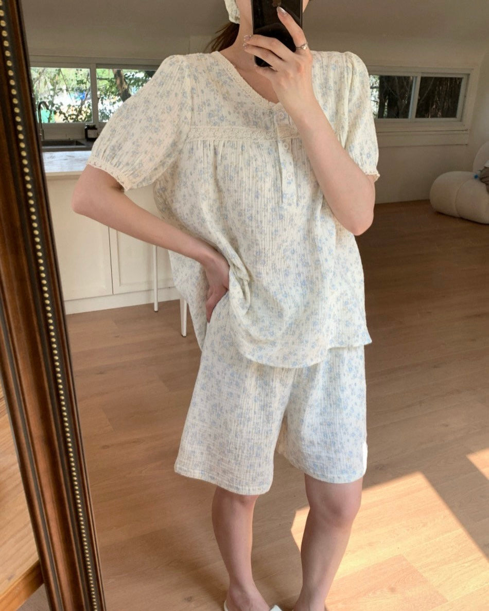 Blue Ditsy Floral Scrunchie Pajama Set