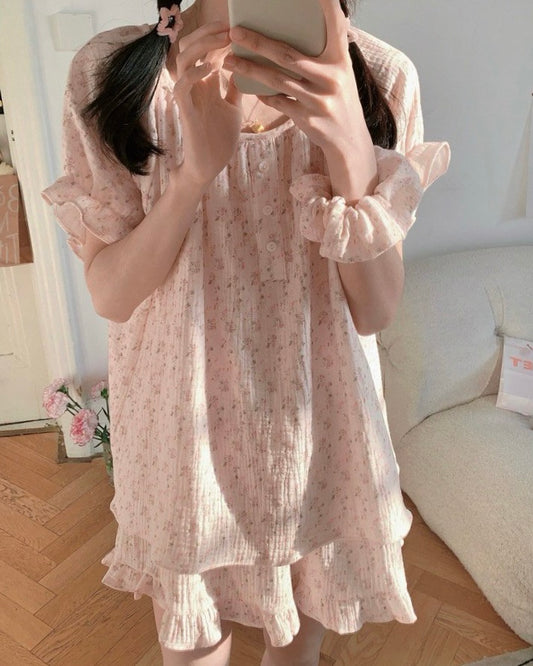 Blush Floral Ruffle Pajama Set with Scrunchie