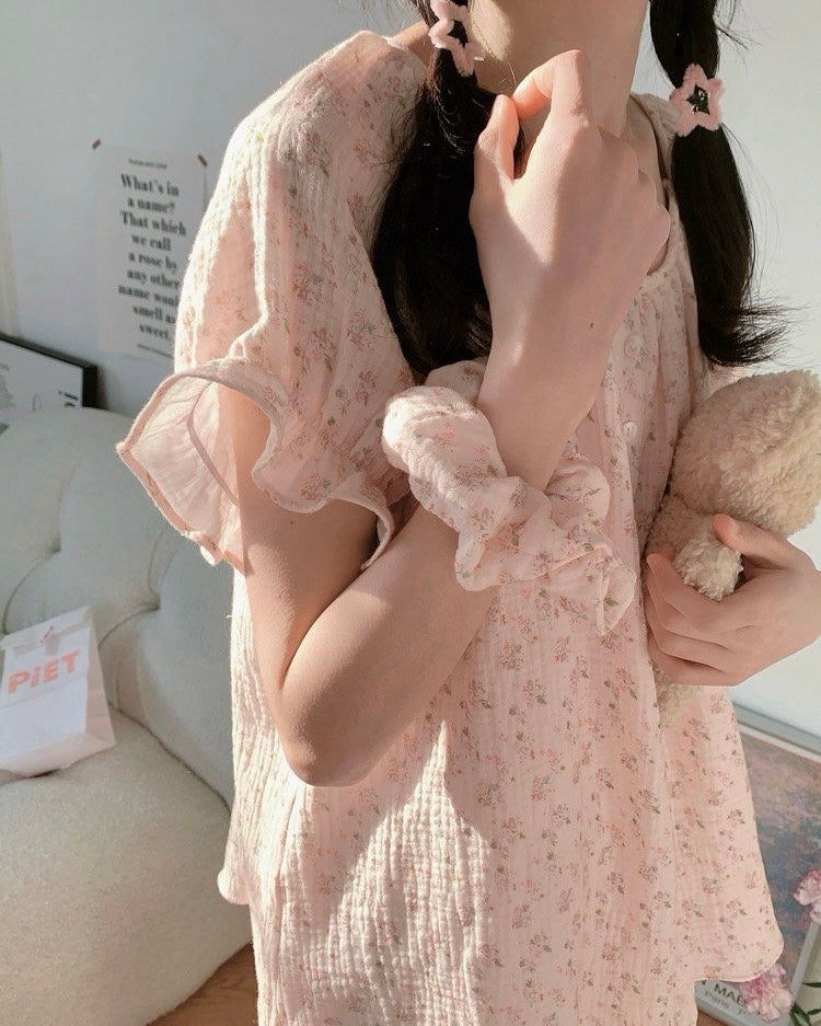 Blush Floral Ruffle Pajama Set with Scrunchie