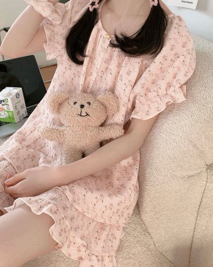 Blush Floral Ruffle Pajama Set with Scrunchie