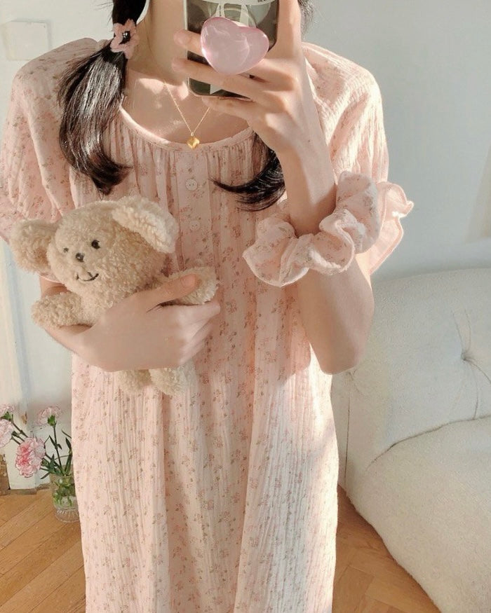 Blush Floral Ruffle Pajama Dress with Scrunchie