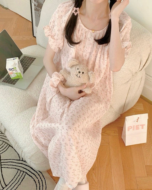 Blush Floral Ruffle Pajama Dress with Scrunchie