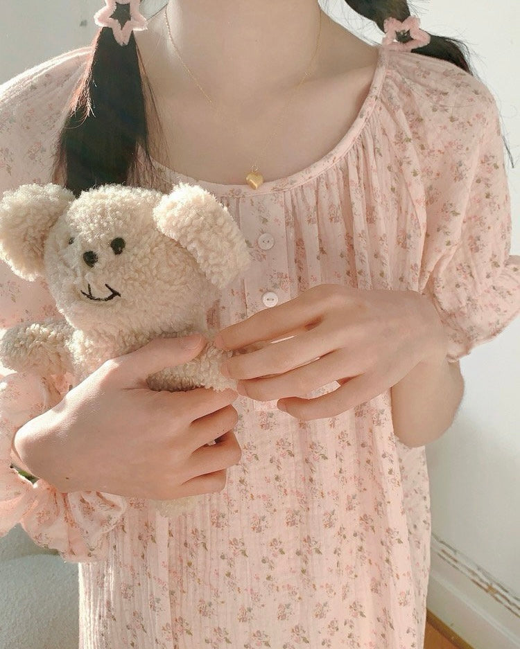 Blush Floral Ruffle Pajama Dress with Scrunchie
