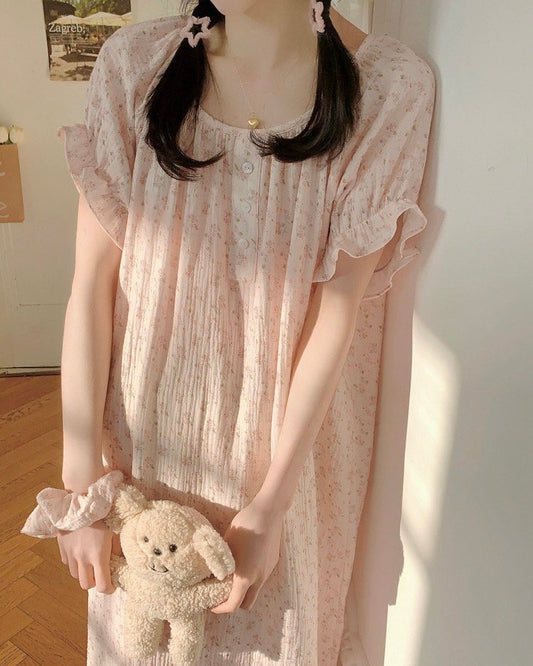 Blush Floral Ruffle Pajama Dress with Scrunchie