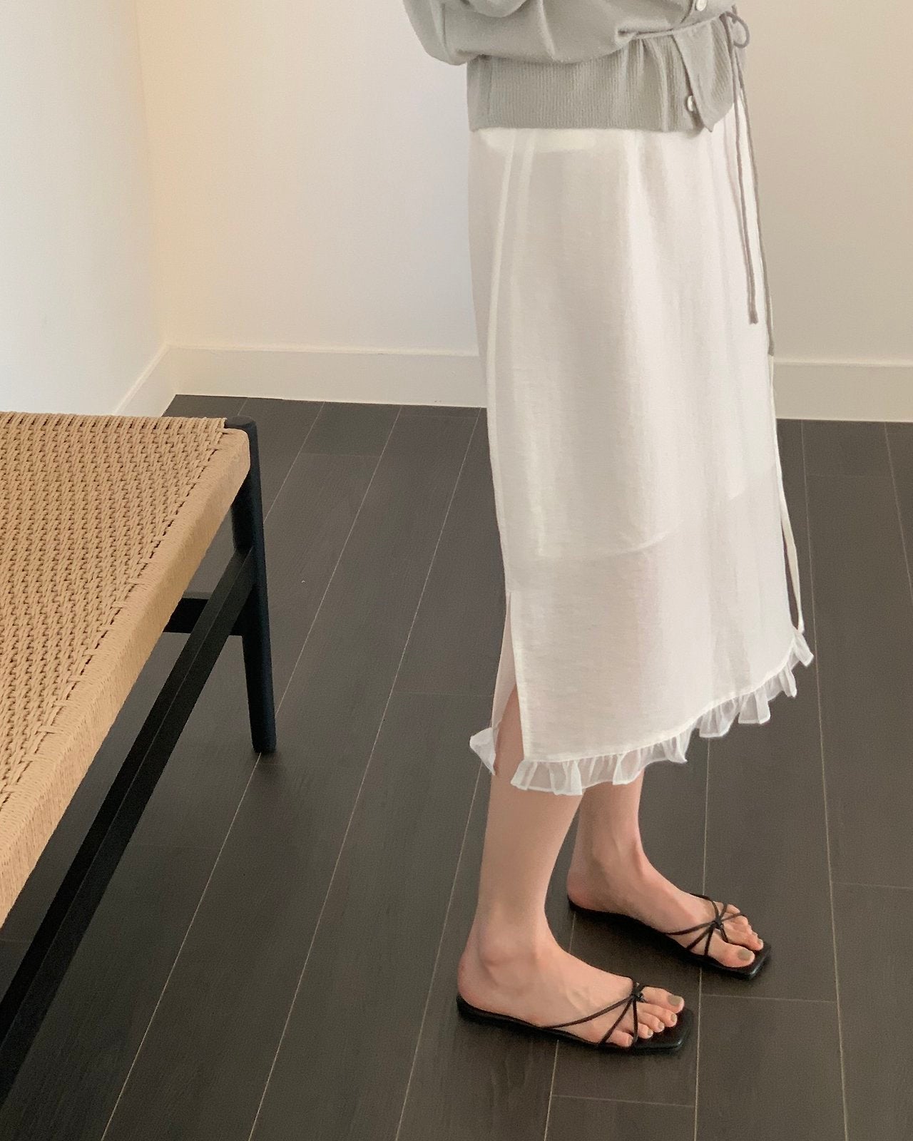 Ruffle Hem Waist Tie Midi Skirt