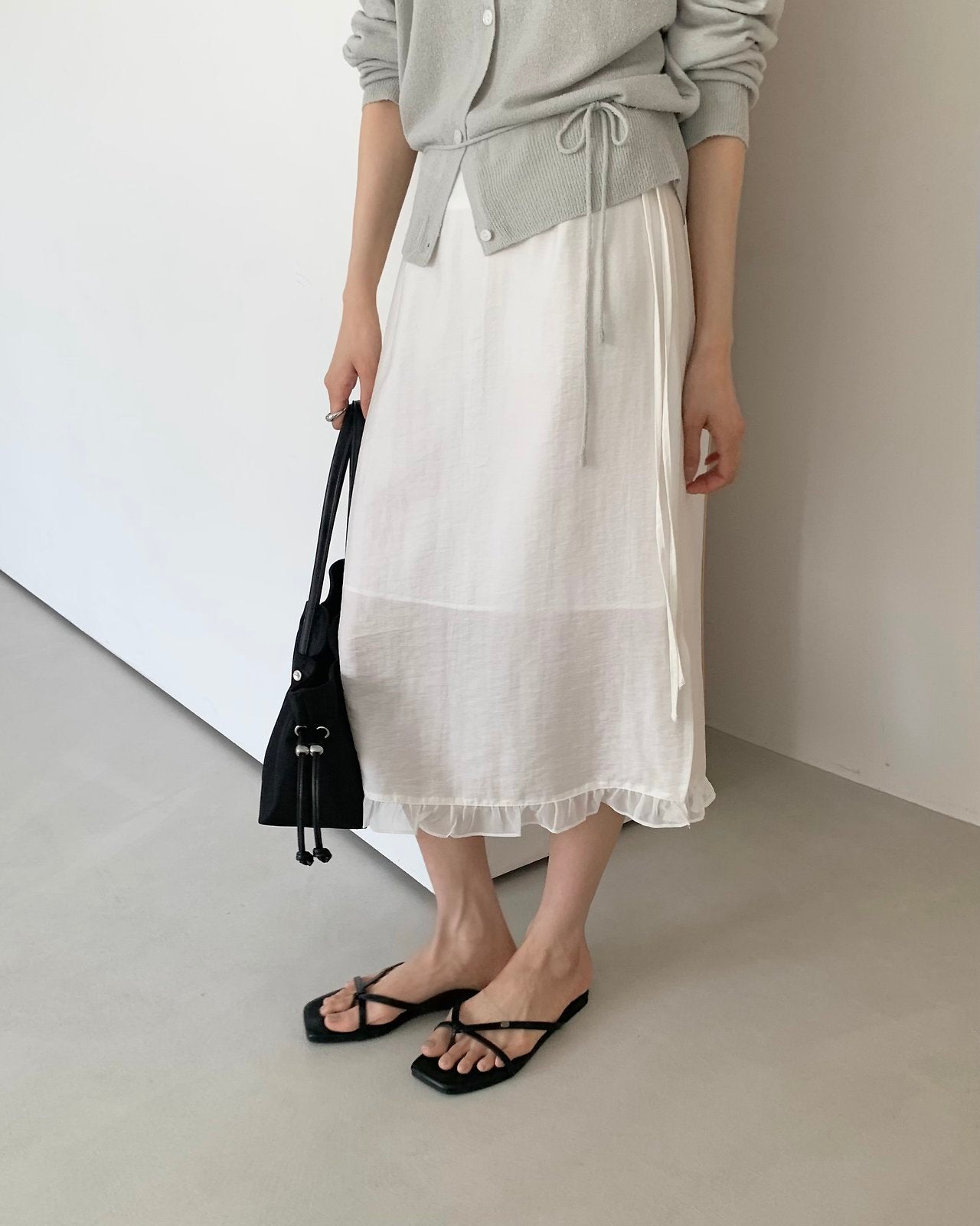 Ruffle Hem Waist Tie Midi Skirt