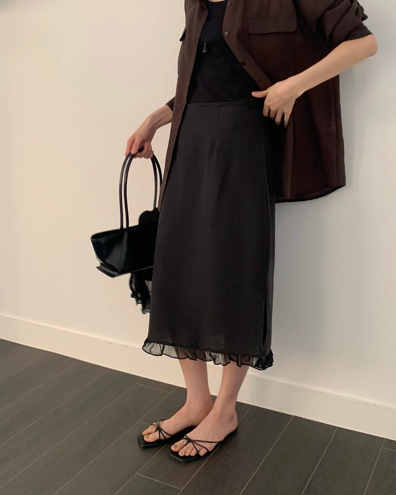 Ruffle Hem Waist Tie Midi Skirt