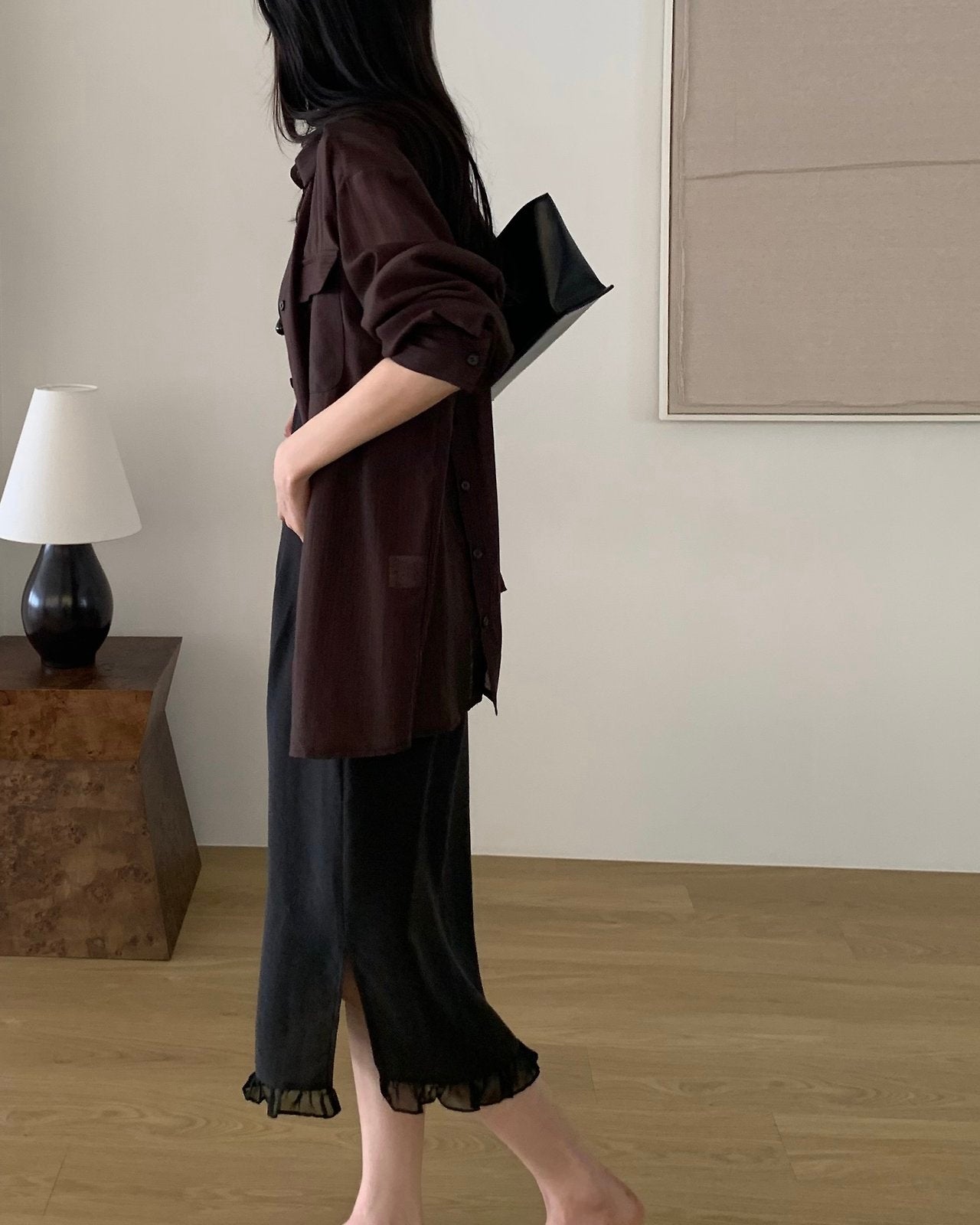 Ruffle Hem Waist Tie Midi Skirt