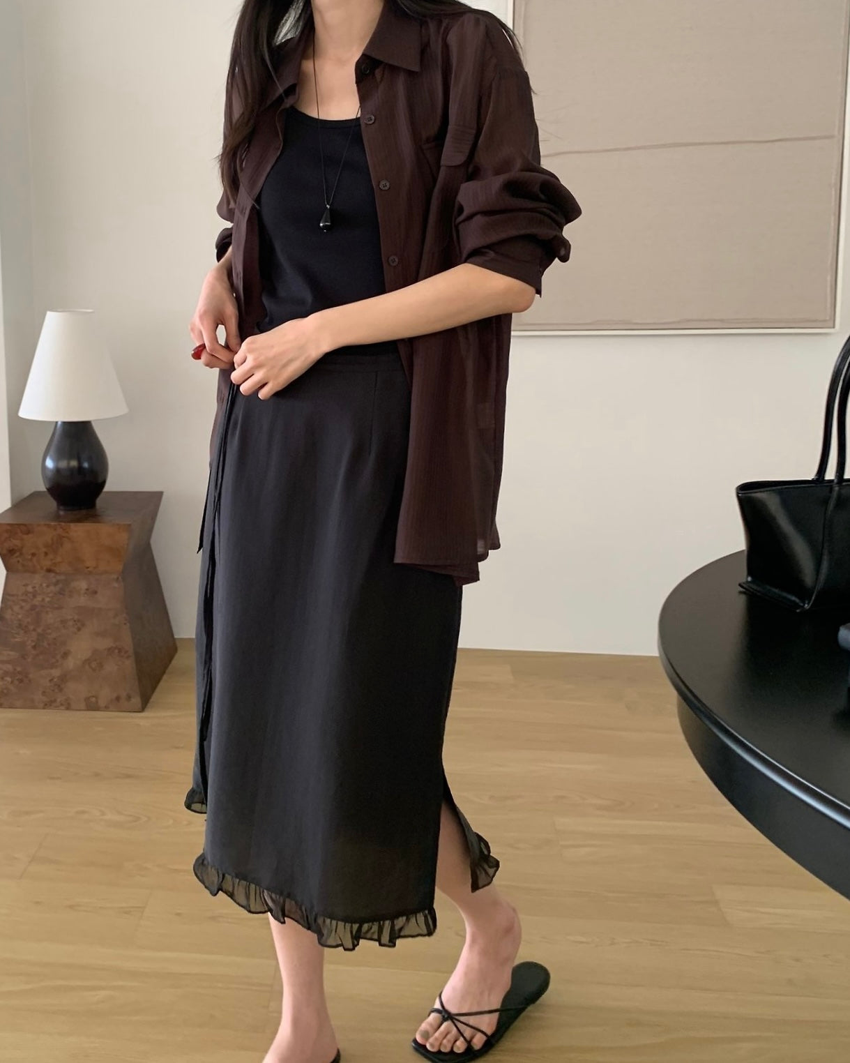 Ruffle Hem Waist Tie Midi Skirt