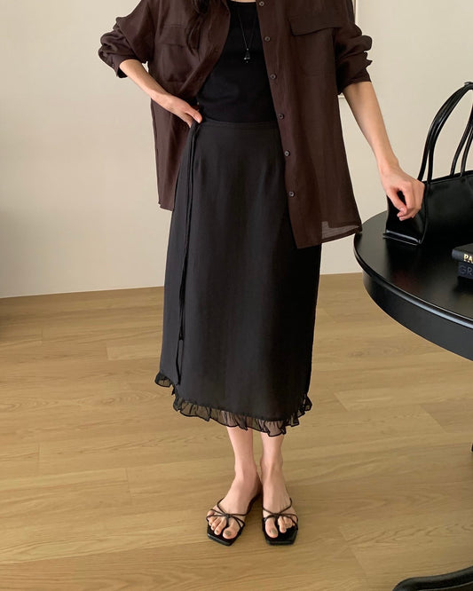 Ruffle Hem Waist Tie Midi Skirt