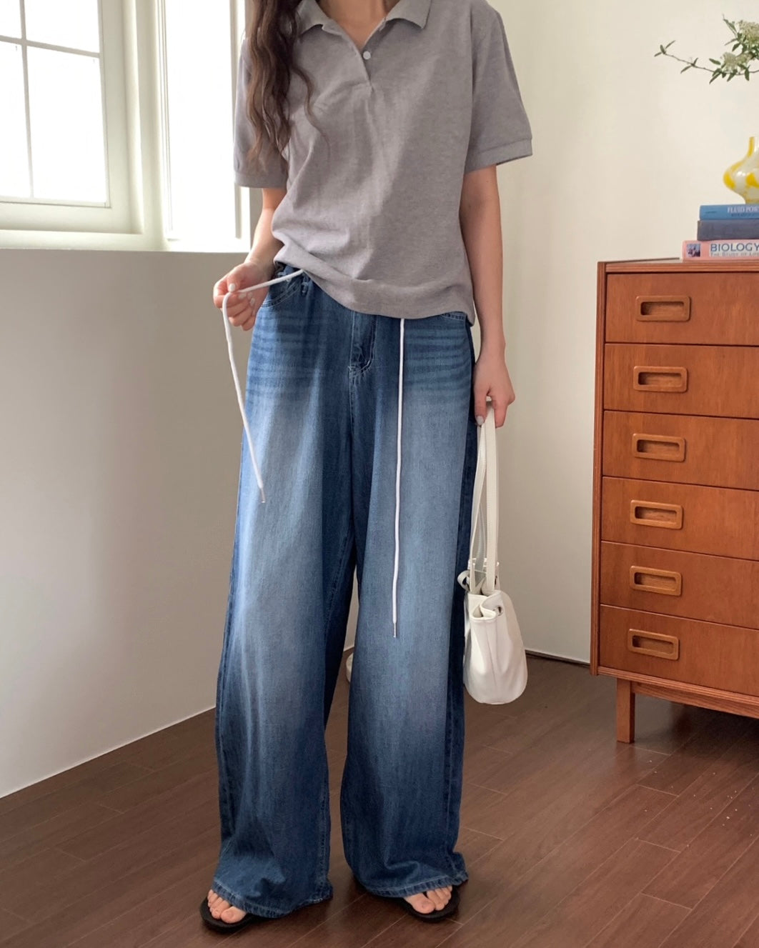 Drawstring Wide Leg Denim Pants