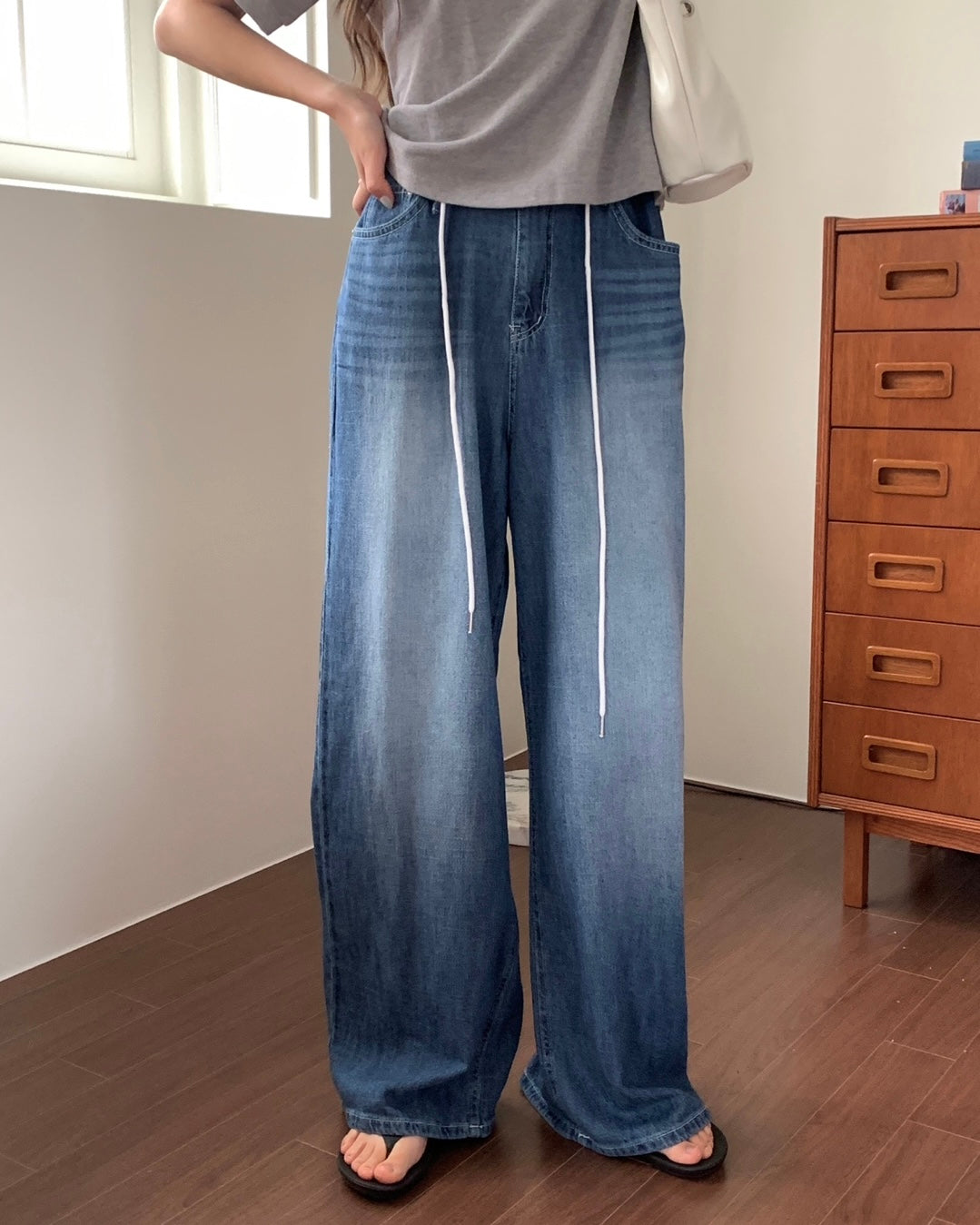 Drawstring Wide Leg Denim Pants