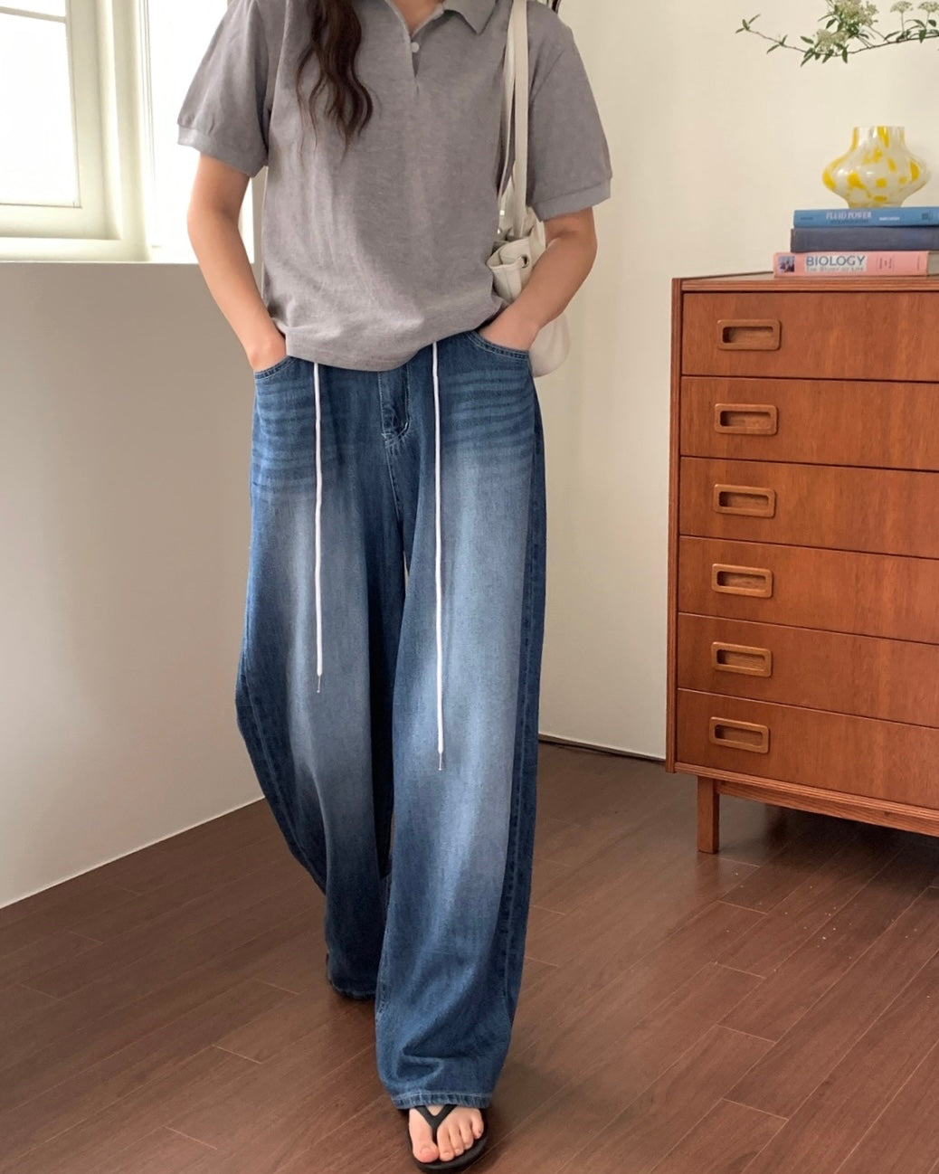 Drawstring Wide Leg Denim Pants