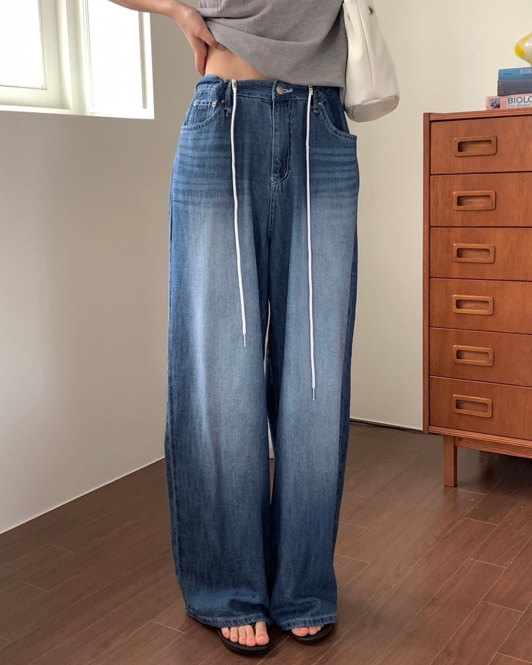Drawstring Wide Leg Denim Pants