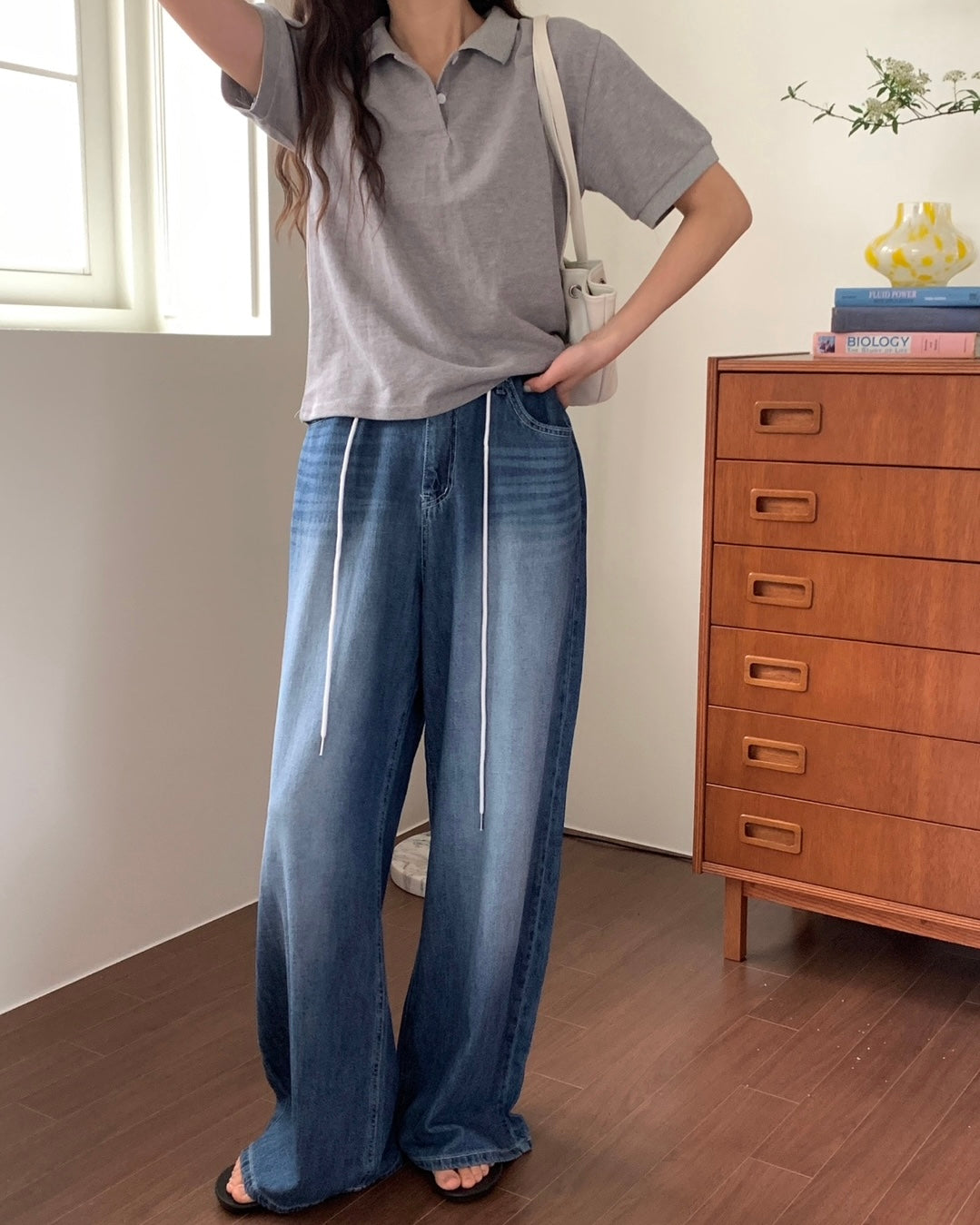 Drawstring Wide Leg Denim Pants