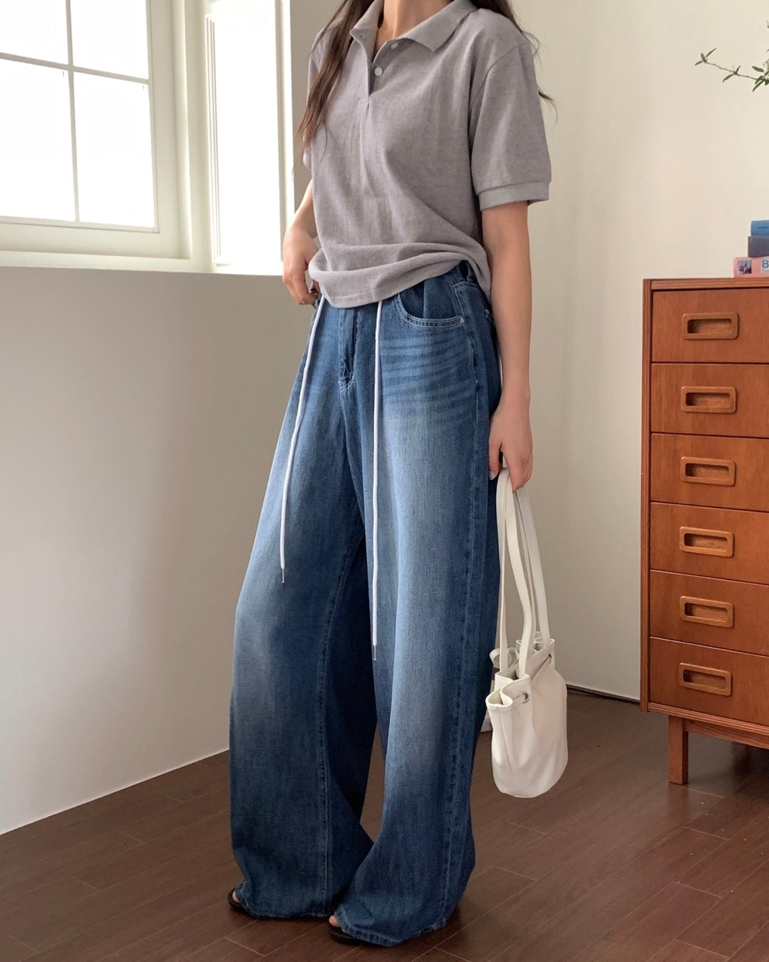 Drawstring Wide Leg Denim Pants