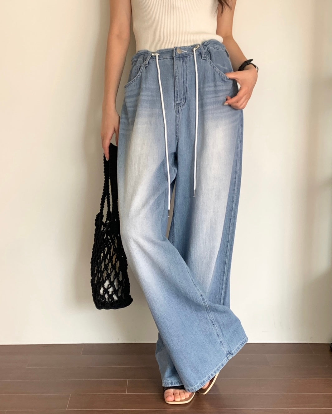 Drawstring Wide Leg Denim Pants