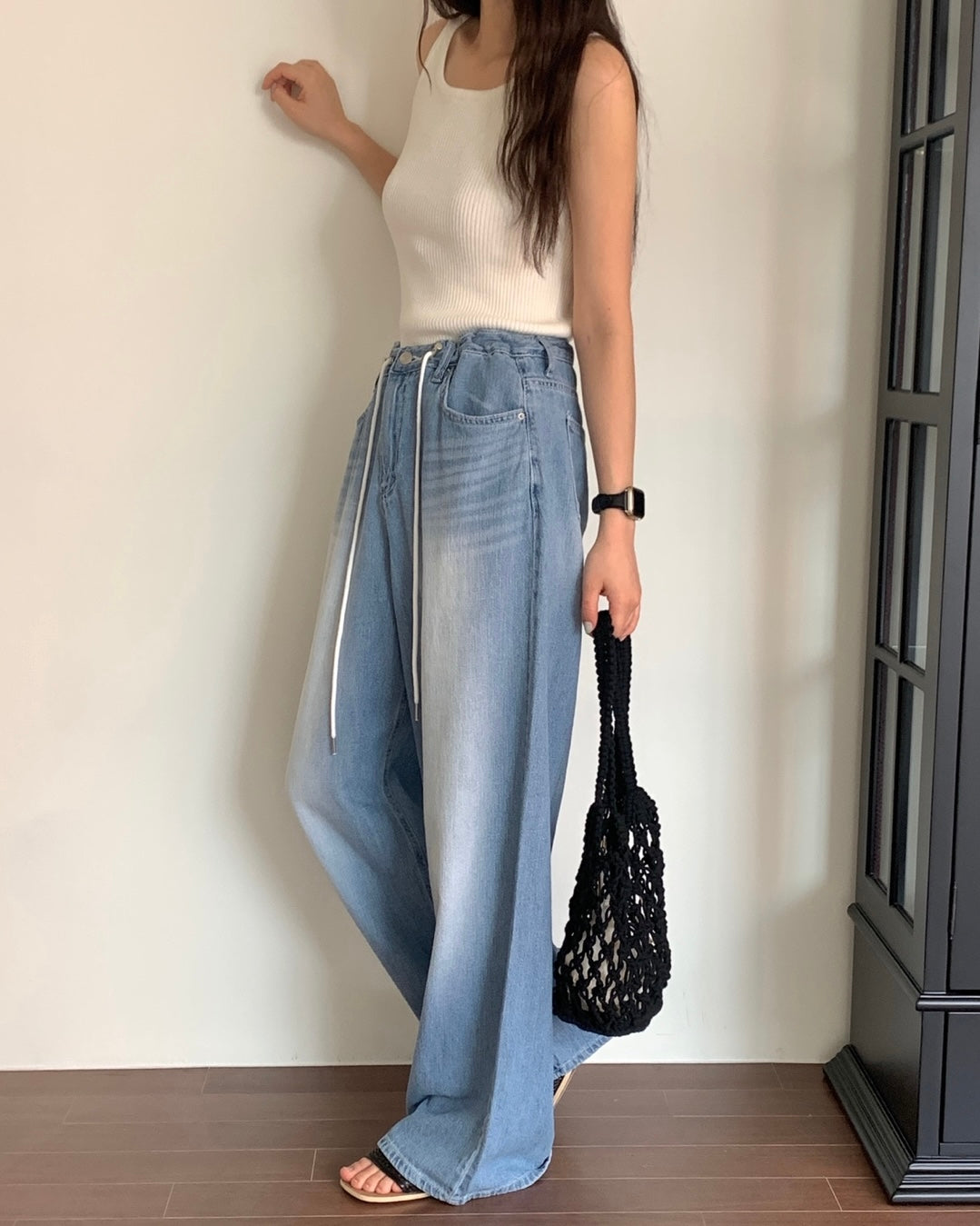 Drawstring Wide Leg Denim Pants