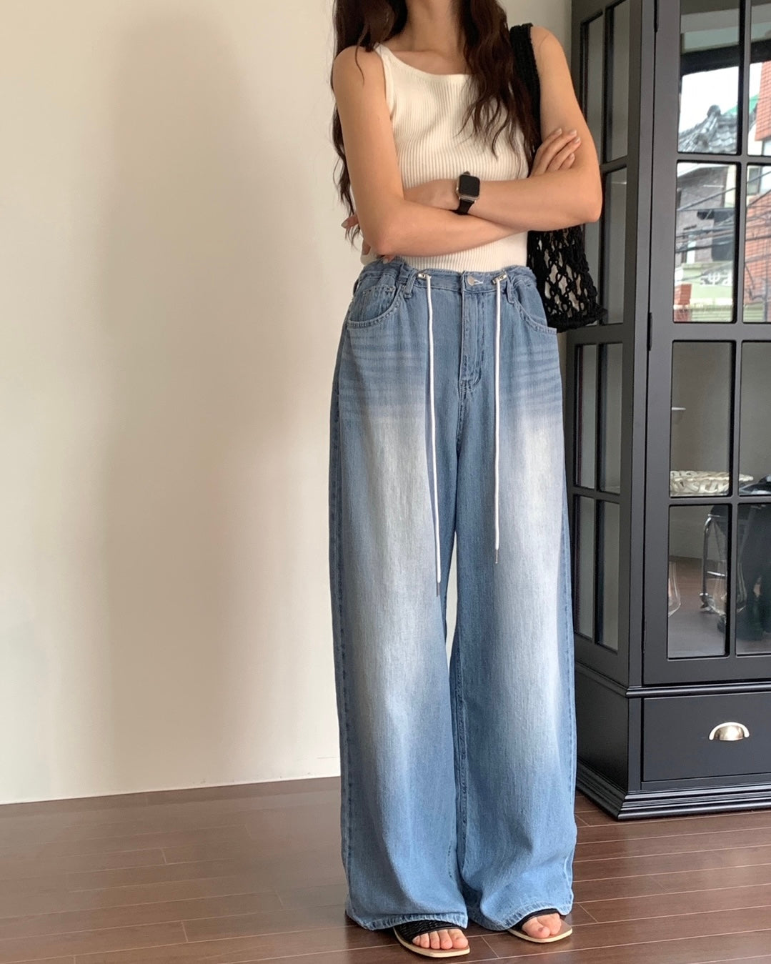Drawstring Wide Leg Denim Pants