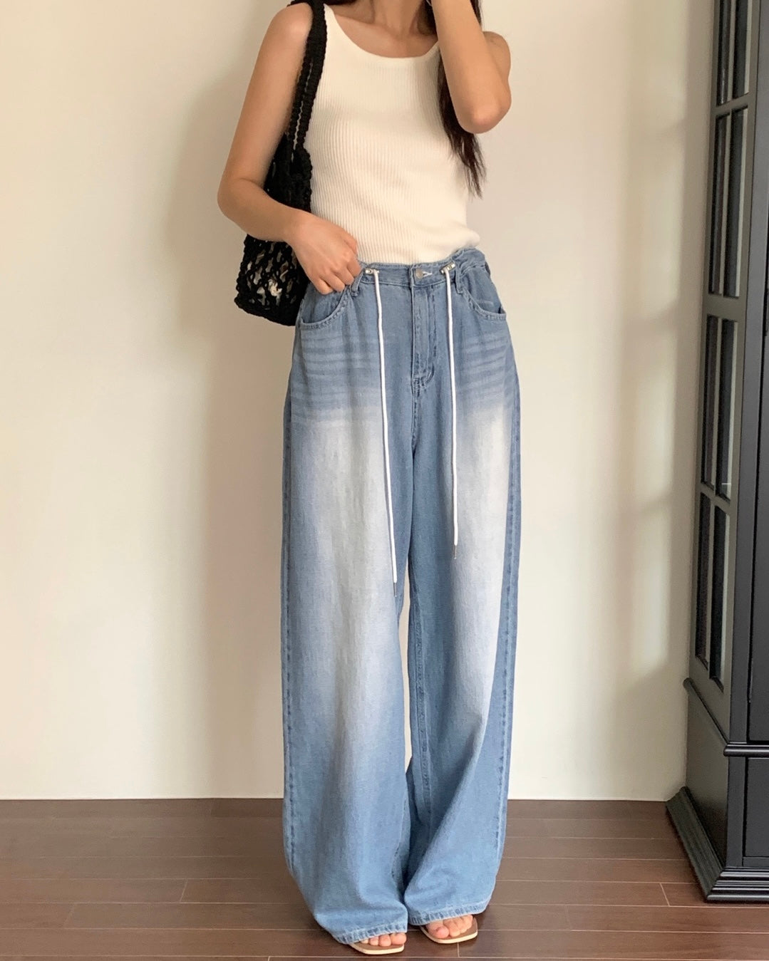 Drawstring Wide Leg Denim Pants
