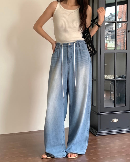 Drawstring Wide Leg Denim Pants